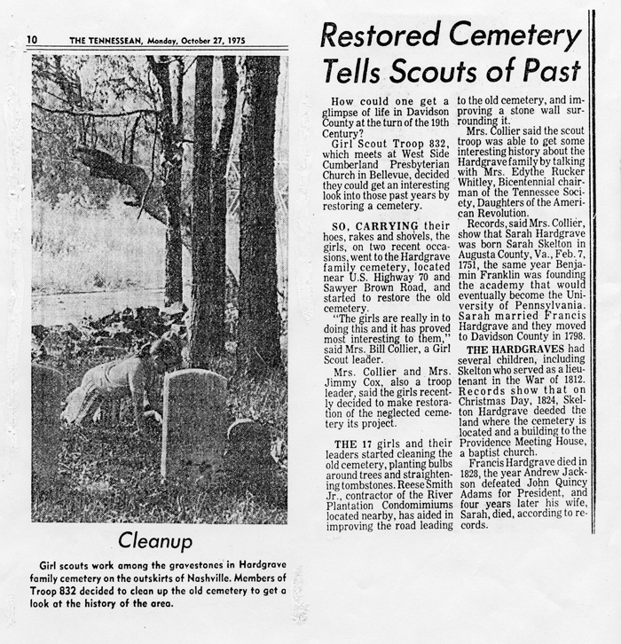 Paper article on Girl Scouts Cleaning Cemetery